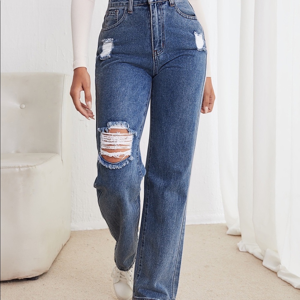 High Waist Straight Leg Ripped Jeans